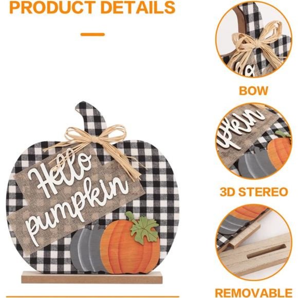 Fall Hello Pumpkin Sign Decorations, 12"/30CM Wooden Buffalo Plaid - Picture 3 of 6